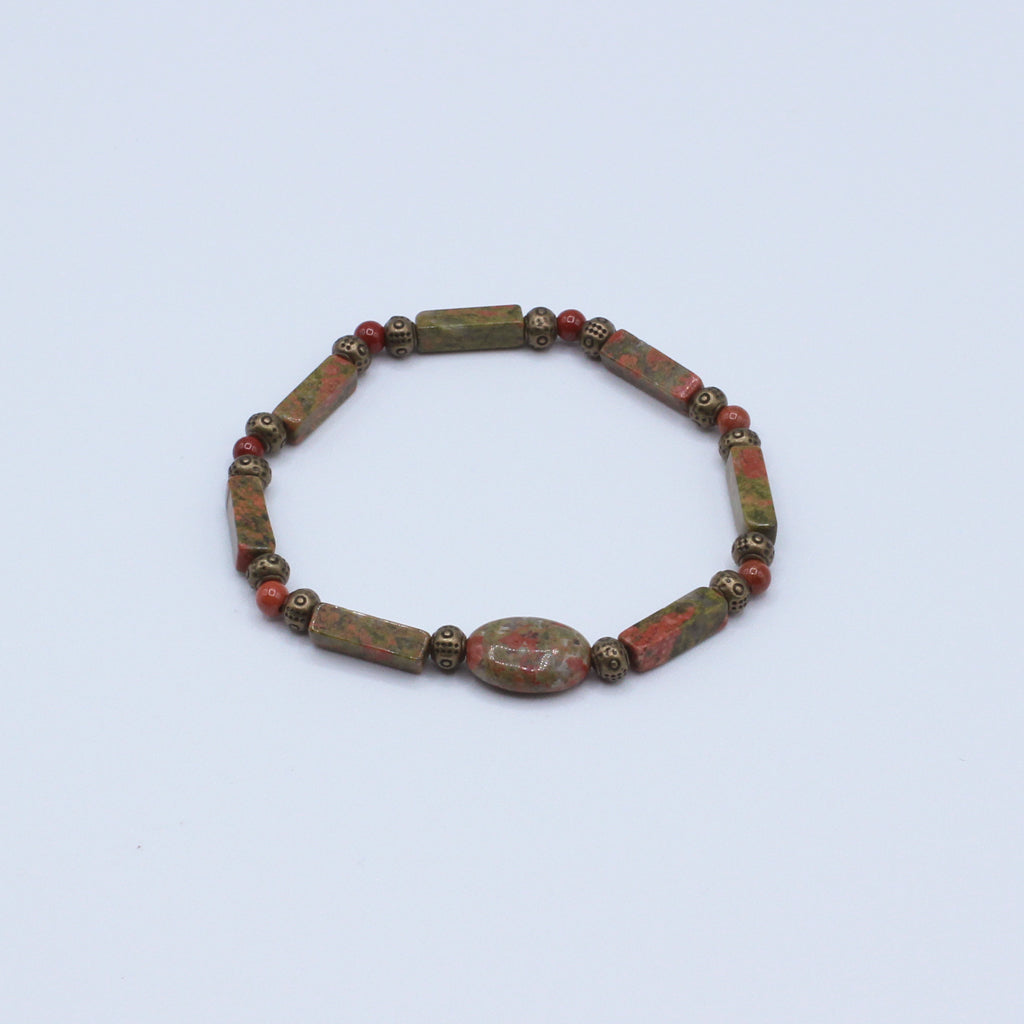jasper gemstones paired with antique bronze electroplated brass accents and durable elastic cord
