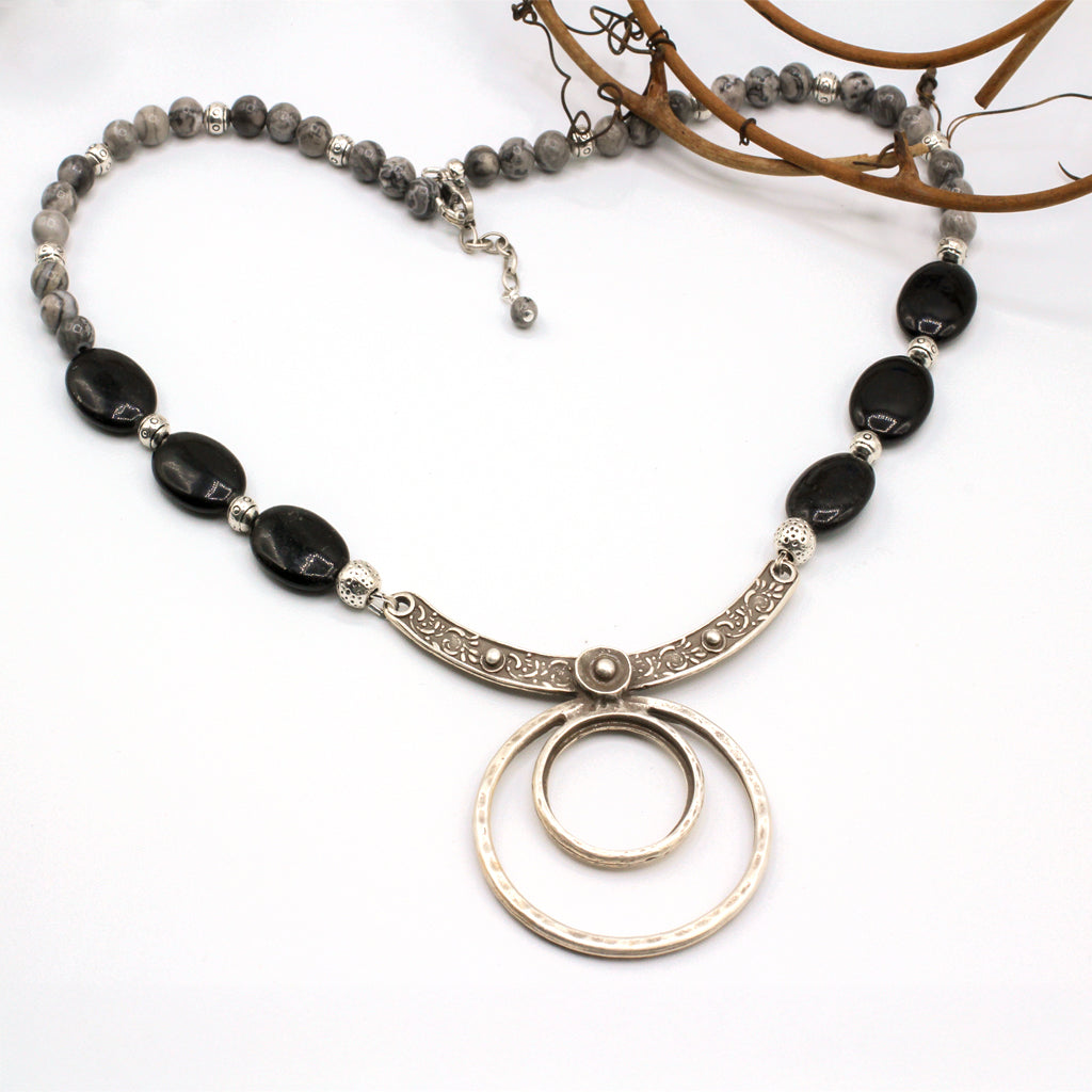 Pewter Focal Center Piece encircled by Onyx and Jasper Gemstones