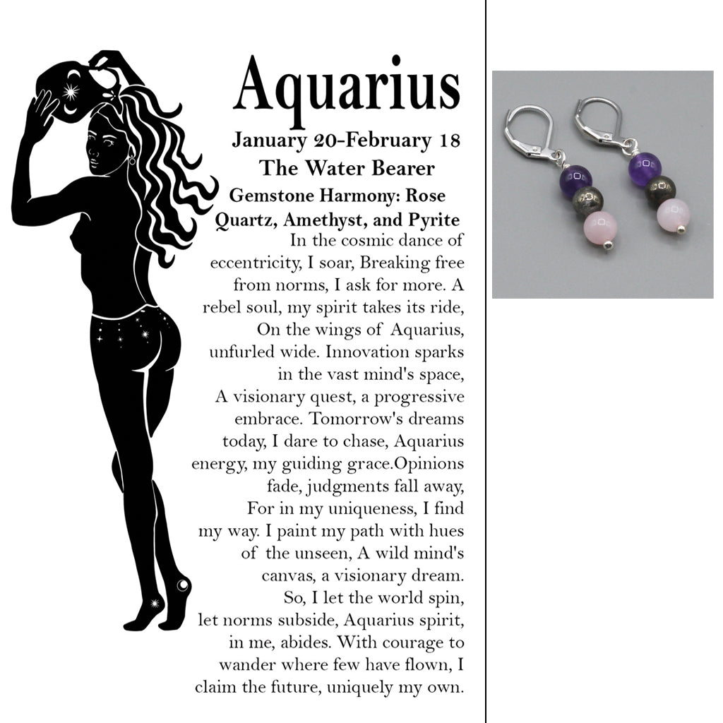 Zodiac card with silhouette, text, and gemstone earrings.