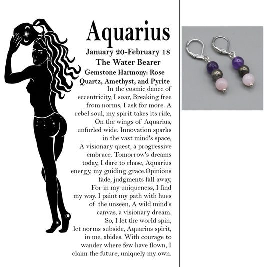 Zodiac card with silhouette, text, and gemstone earrings.
