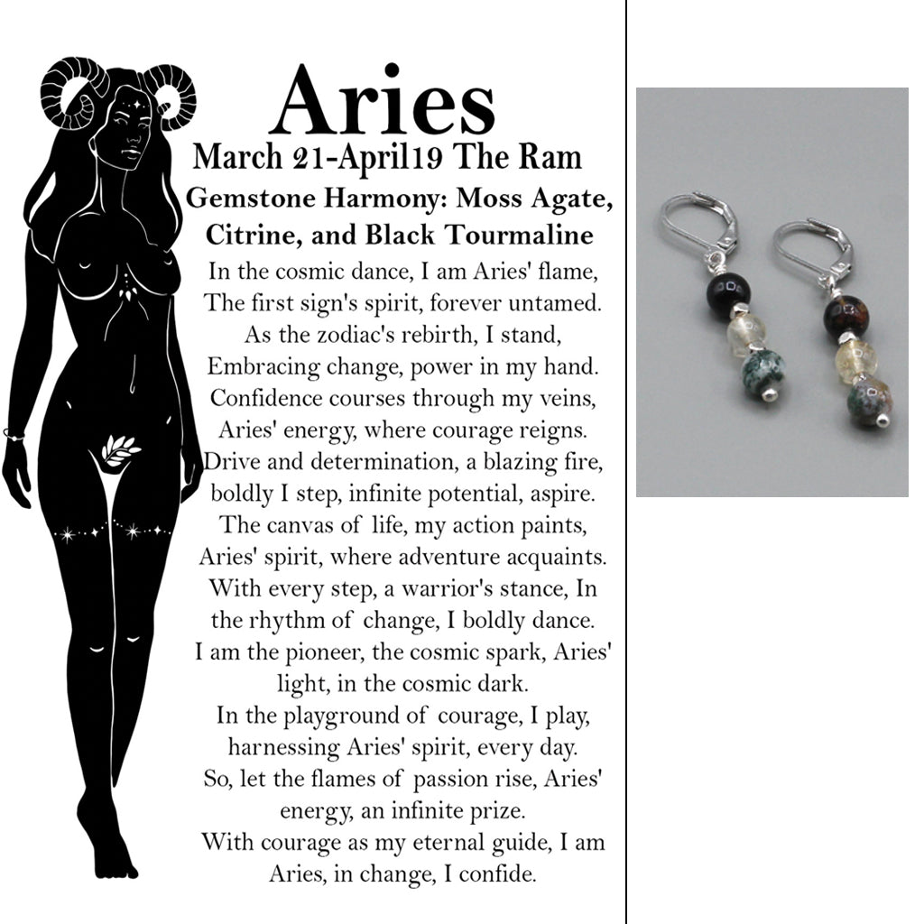 Zodiac card with silhouette, text, and gemstone earrings.