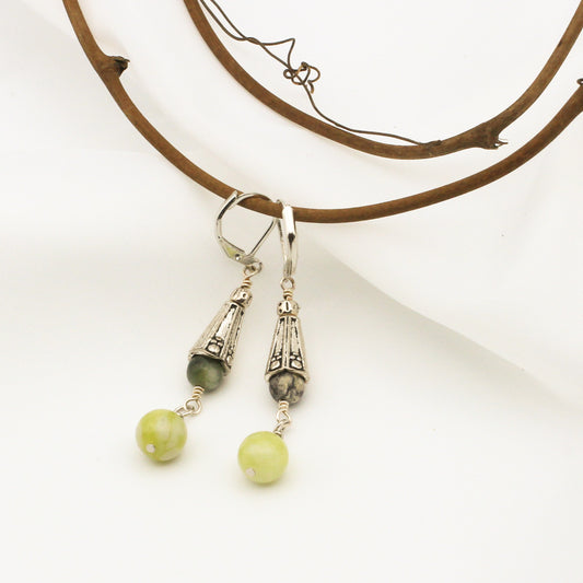 An Antique Silver Ornamented focal, with Green Flower Jasper Gemstones completed with a Lever-back ear-wires.