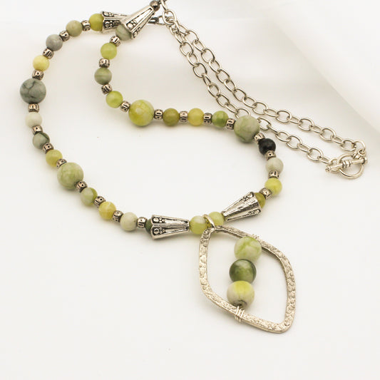Antique Silver diamond-shaped design is enhanced by textured details and accented with Green Flower Jasper gemstones.