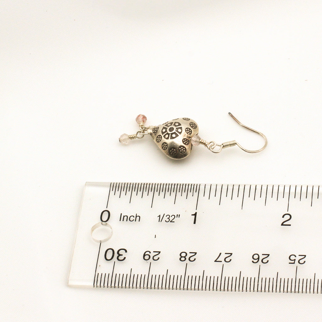 Sweet Rose'- Earrings, Heart-shaped Sterling Silver focal with Rose Quartz gemstones. These earrings are finished with sterling silver lever-back ear wires.