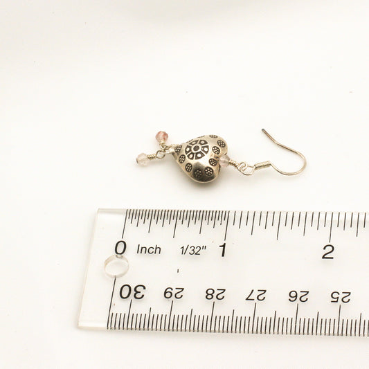 Sweet Rose'- Earrings, Heart-shaped Sterling Silver focal with Rose Quartz gemstones. These earrings are finished with sterling silver lever-back ear wires.