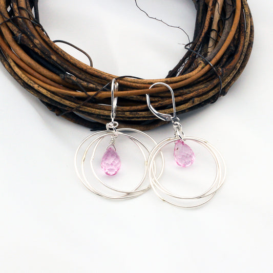 Pink Quartz Briolette's that are suspended from a Sterling Silver triple loop frame and  lever-back ear-wires.