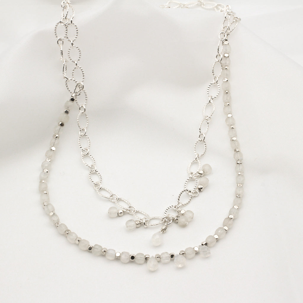Double strand necklace with moonstone cubes, briolettes, and pewter beads.