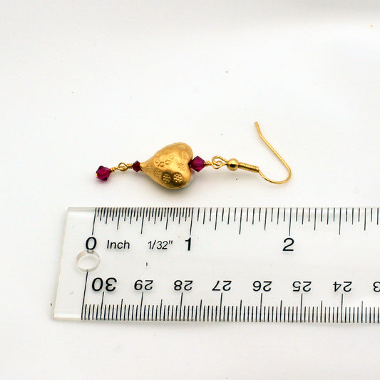 Gold vermeil heart earrings with ruby crystal bi-cone dangles.