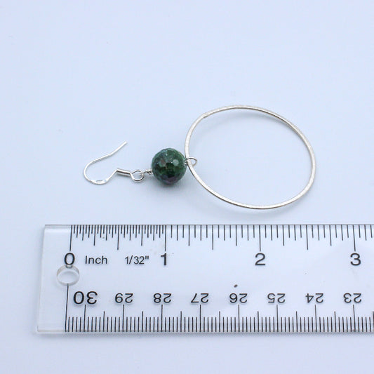 35mm Sterling Silver hoops accented with natural Ruby Zoisite Gemstones and Sterling Silver fish-hook ear wires, perfectly suited for enhancing your wine tasting experience.