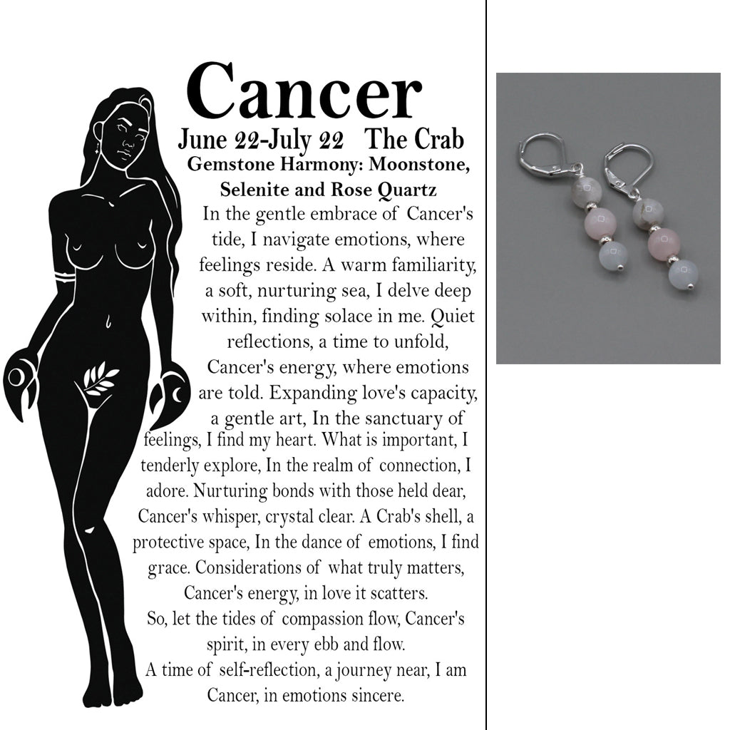 Zodiac card with silhouette, text, and gemstone earrings.