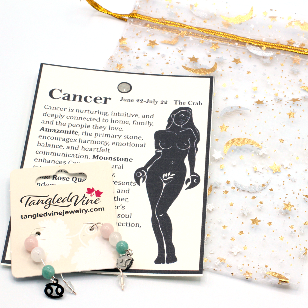 Honor the nurturing spirit of Cancer with earrings featuring Amazonite, Moonstone, and Rose Quartz—a gentle gemstone trio representing harmony, intuition, and love.Finished with a Cancer symbolic charm and suspended from a hand-forged earwire.