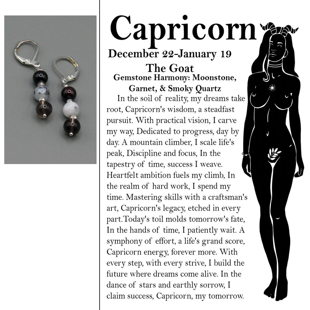 Zodiac card with silhouette, text, and gemstone earrings.