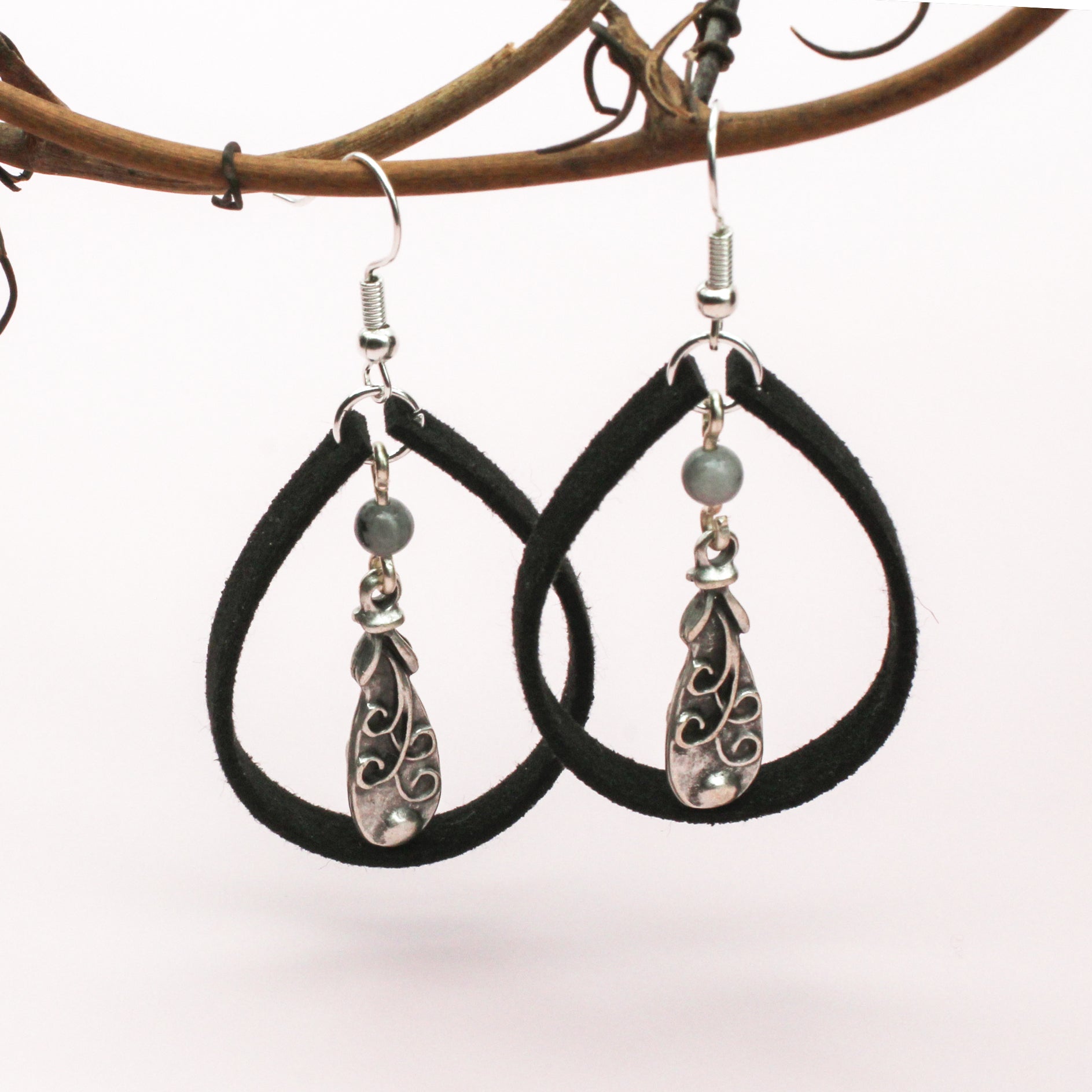Bon Vivant earrings with suede hoops, Jasper gemstone, and pewter focal drop.