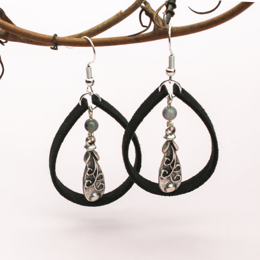 Bon Vivant earrings with suede hoops, Jasper gemstone, and pewter focal drop.
