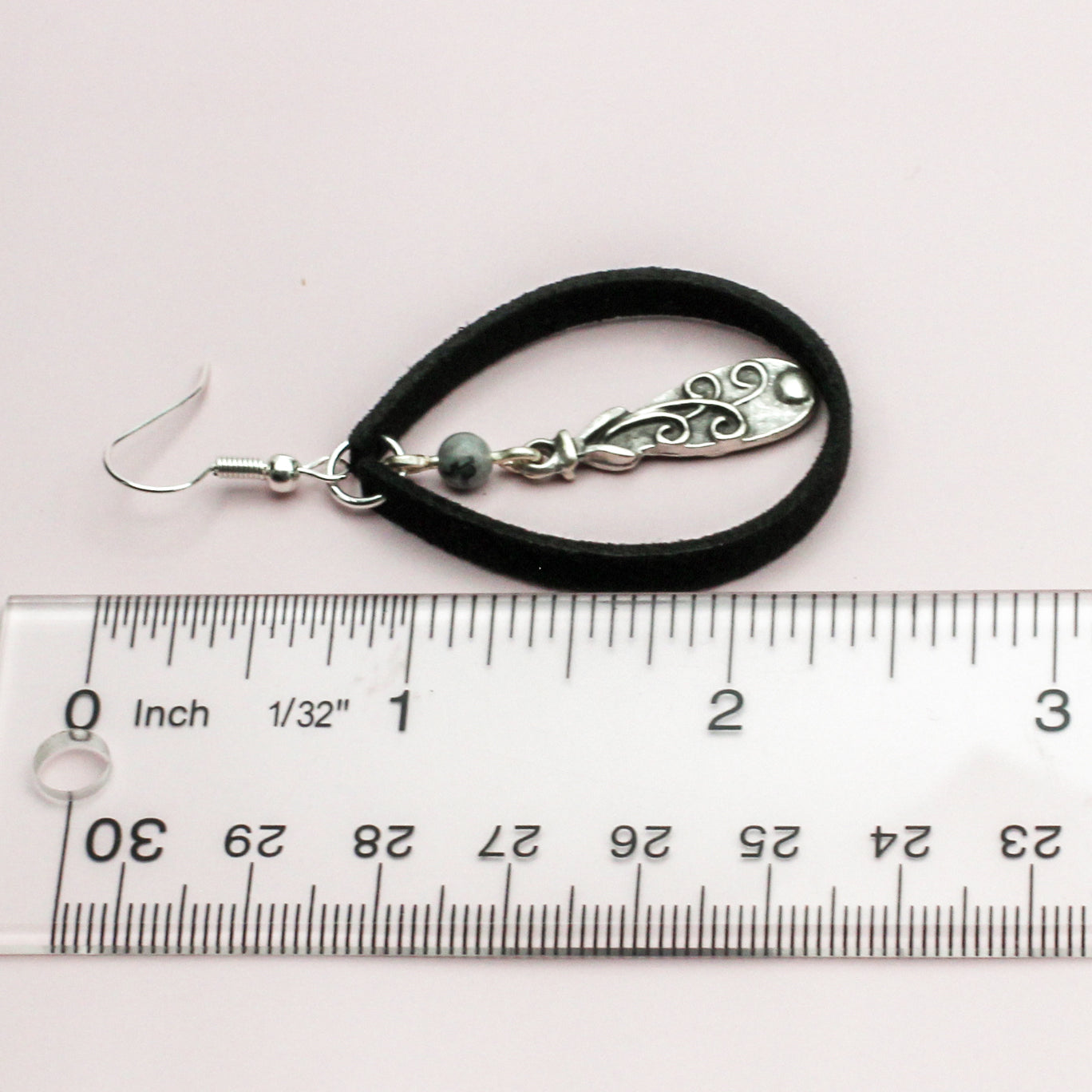 Bon Vivant earrings with suede hoops, Jasper gemstone, and pewter focal drop.