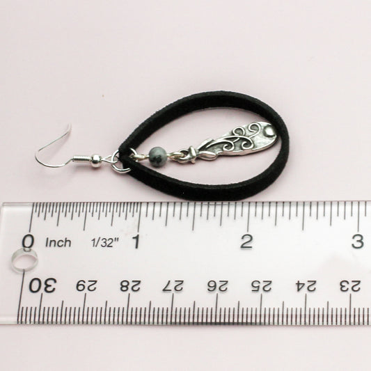 Bon Vivant earrings with suede hoops, Jasper gemstone, and pewter focal drop.