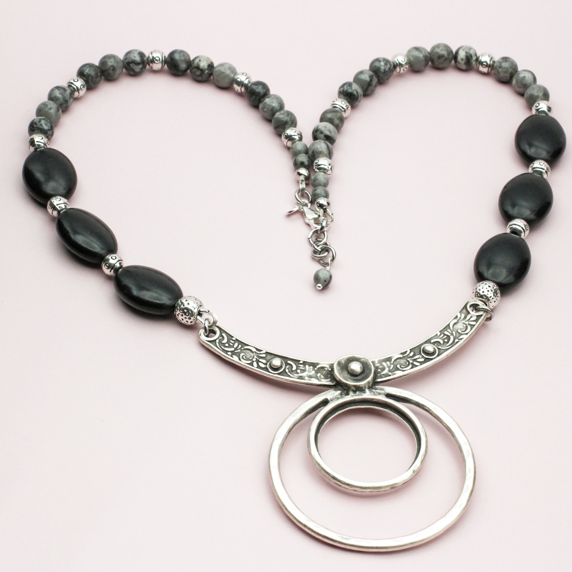 Bon Vivant necklace with pewter focal, Jasper, and Blackstone gemstones.