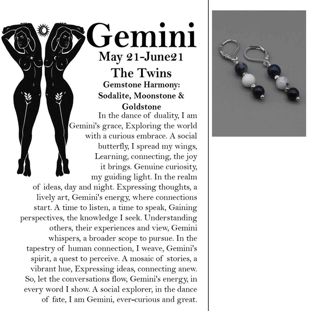 Zodiac card with silhouette, text, and gemstone earrings.