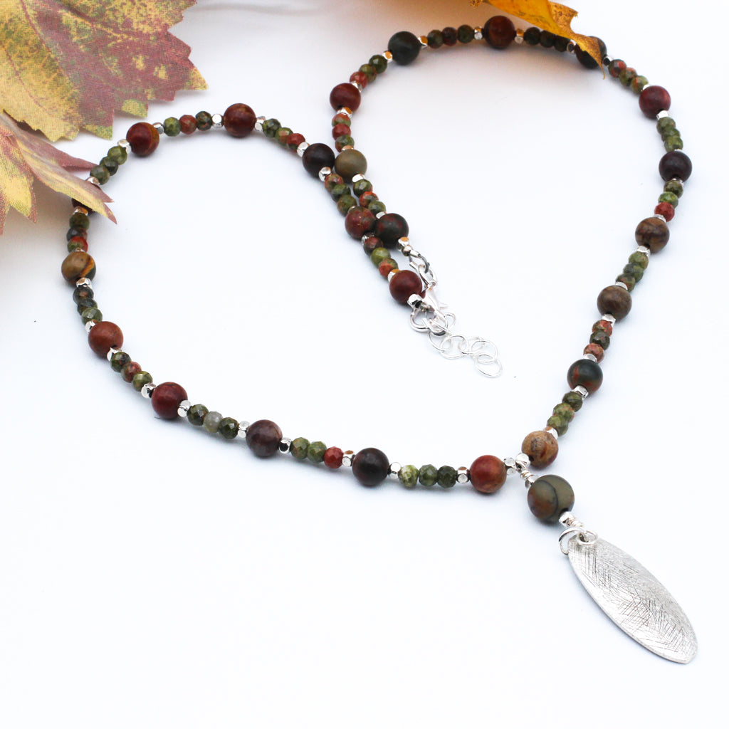 Red Creek Jasper and Unakite gemstones with a distinctive etched silver electroplated metal drop.