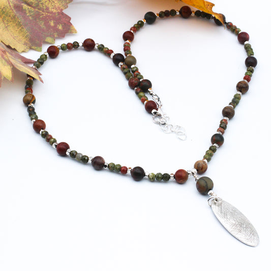 Red Creek Jasper and Unakite gemstones with a distinctive etched silver electroplated metal drop.