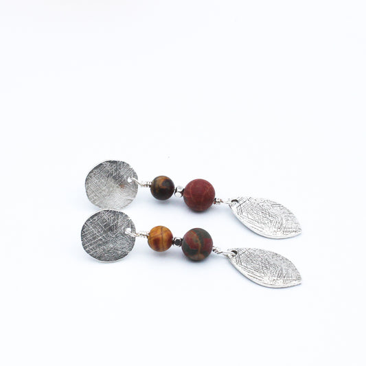 Vina Earrings showcase stunning Red Creek Jasper gemstones and silver electroplated brass metals.