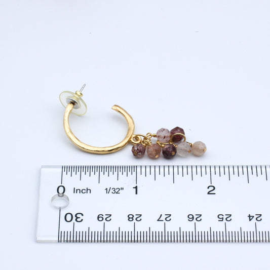 Earrings feature delicate drops of Strawberry Quartz Gemstones. The gold Post Hoops hug the ear for a subtle yet stunning touch.