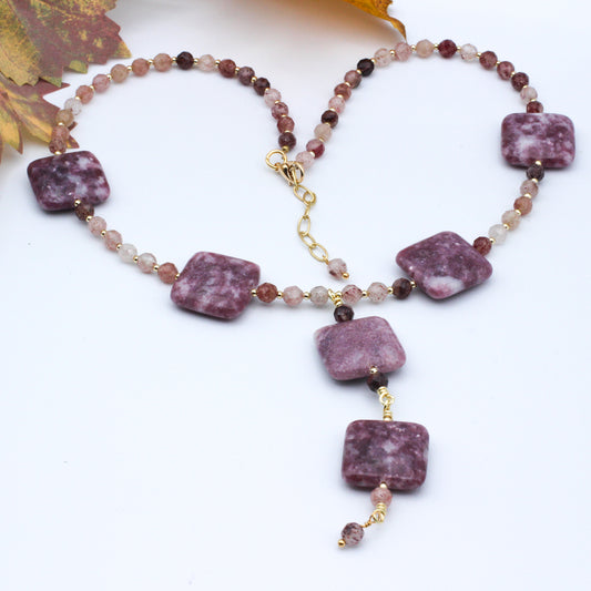 Lepidolite Gemstone Squares and Strawberry Quartz Gemstones. Expertly crafted, this focal drop necklace.