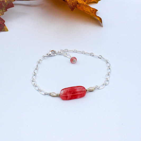 Freshwater Pearls & Cherry Quartz Gemstones on a Silver chain. Finished with a lobster clasp and extender chain.