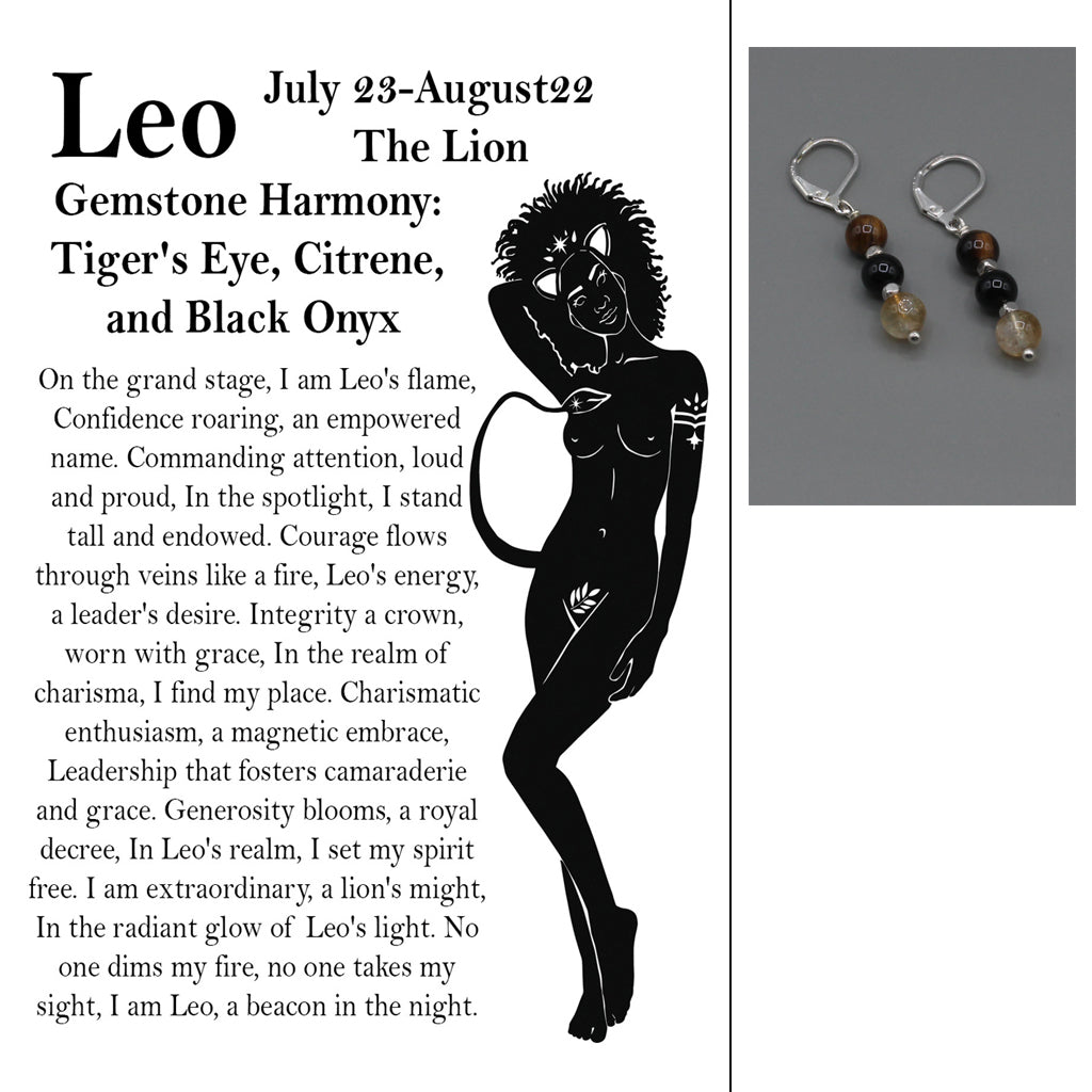 Zodiac card with silhouette, text, and gemstone earrings.