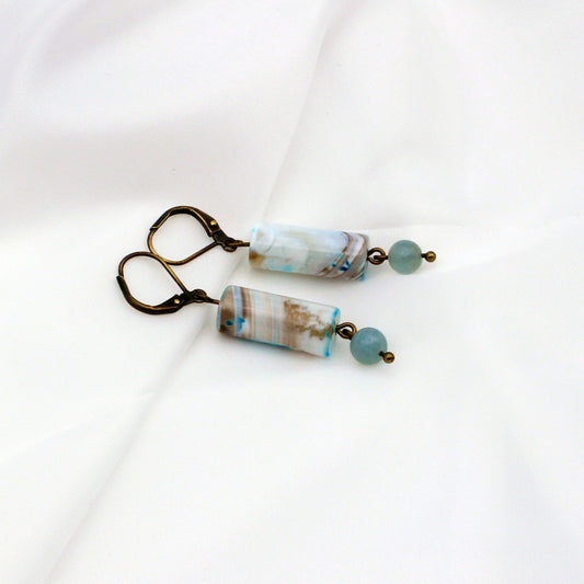 Agate Tubular Gemstones and Calcite gemstones, each dangling from Antique Bronze Lever-back Ear-wires.