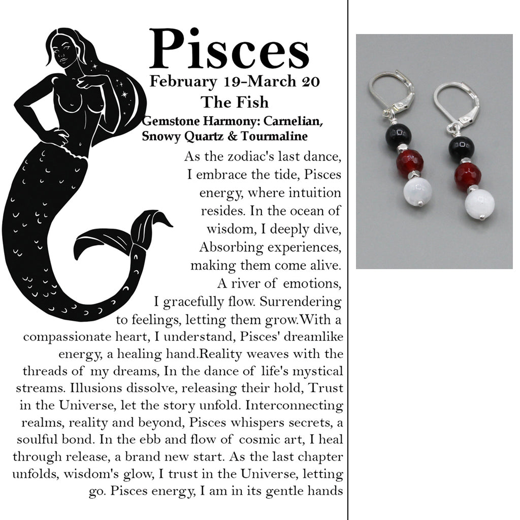 Zodiac card with silhouette, text, and gemstone earrings.