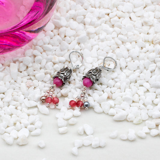 Dyed Jade Gemstones, Crystals, and Pearls featuring delicate Pewter Floral Caps and secure Lever-back Ear-Wires.