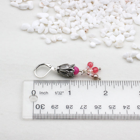 Dyed Jade Gemstones, Crystals, and Pearls featuring delicate Pewter Floral Caps and secure Lever-back Ear-Wires.