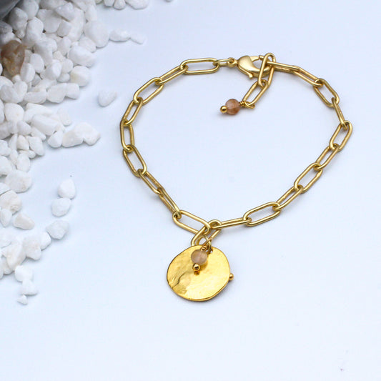 Moonstone gemstones, with 24K gold electroplated disk and paperclip chain.