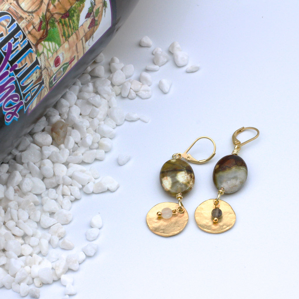 24K gold electroplated earrings featuring Moonstone and Botswana agate gemstones with a lever-back ear-wire.