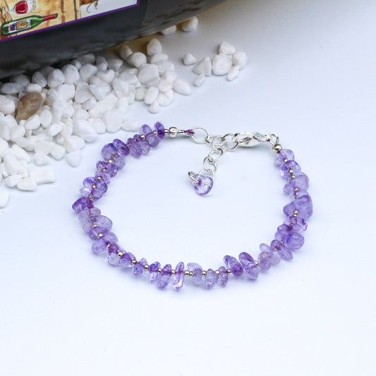 Amethyst Gemstones, silver electroplated metals, and pewter spacer beads.