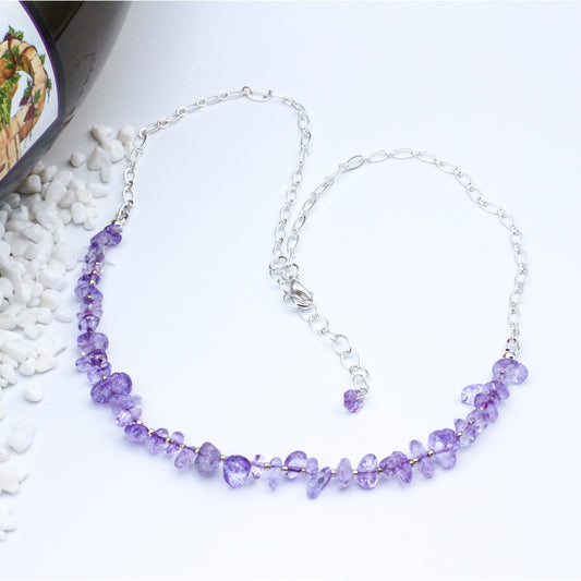 Features stunning Amethyst Gemstones, Silver Electroplated Metals, and Pewter Spacer Beads.