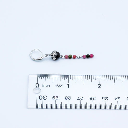 Lever-back ear wires, Pewter bead caps, and vibrant variegated Tourmaline Gemstones.