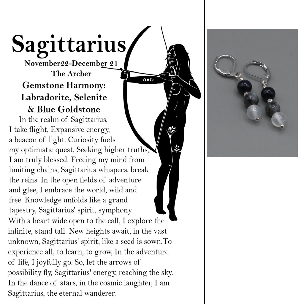 Zodiac card with silhouette, text, and gemstone earrings.