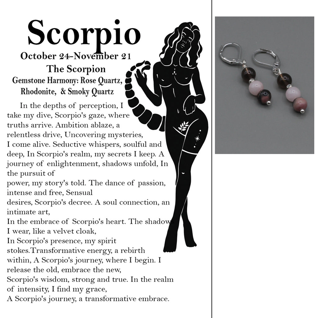Zodiac card with silhouette, text, and gemstone earrings.