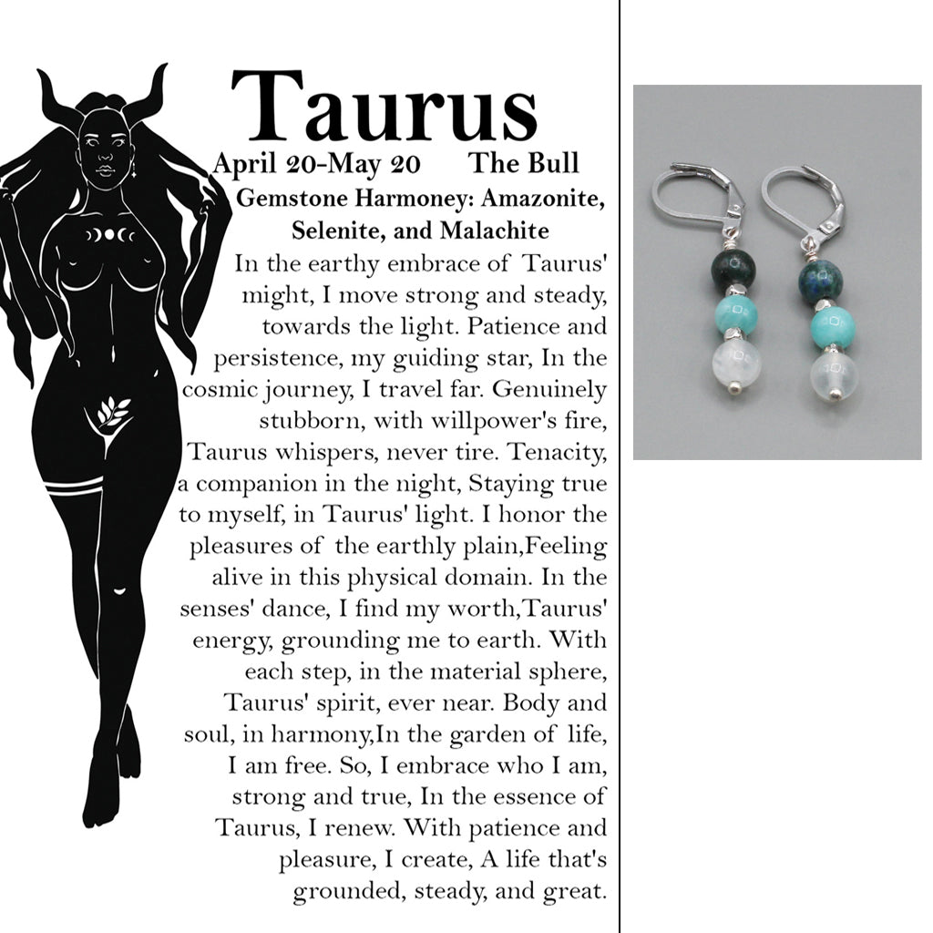 Zodiac card with silhouette, text, and gemstone earrings.