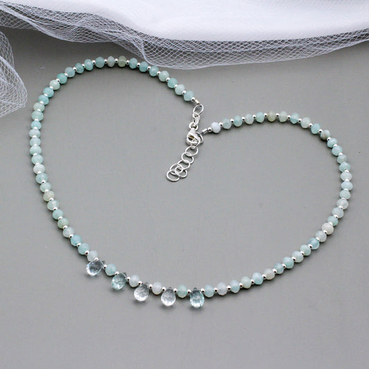 Aquamarine and Amazonite Gemstones, highlighted by Sterling Silver, and adorned with 5 fabulous Briolette's for a luxurious touch.
