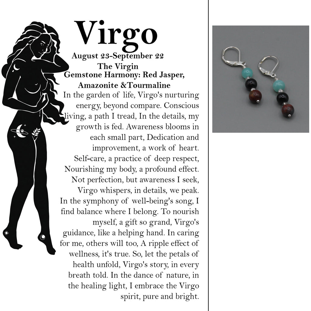 Zodiac card with silhouette, text, and gemstone earrings.