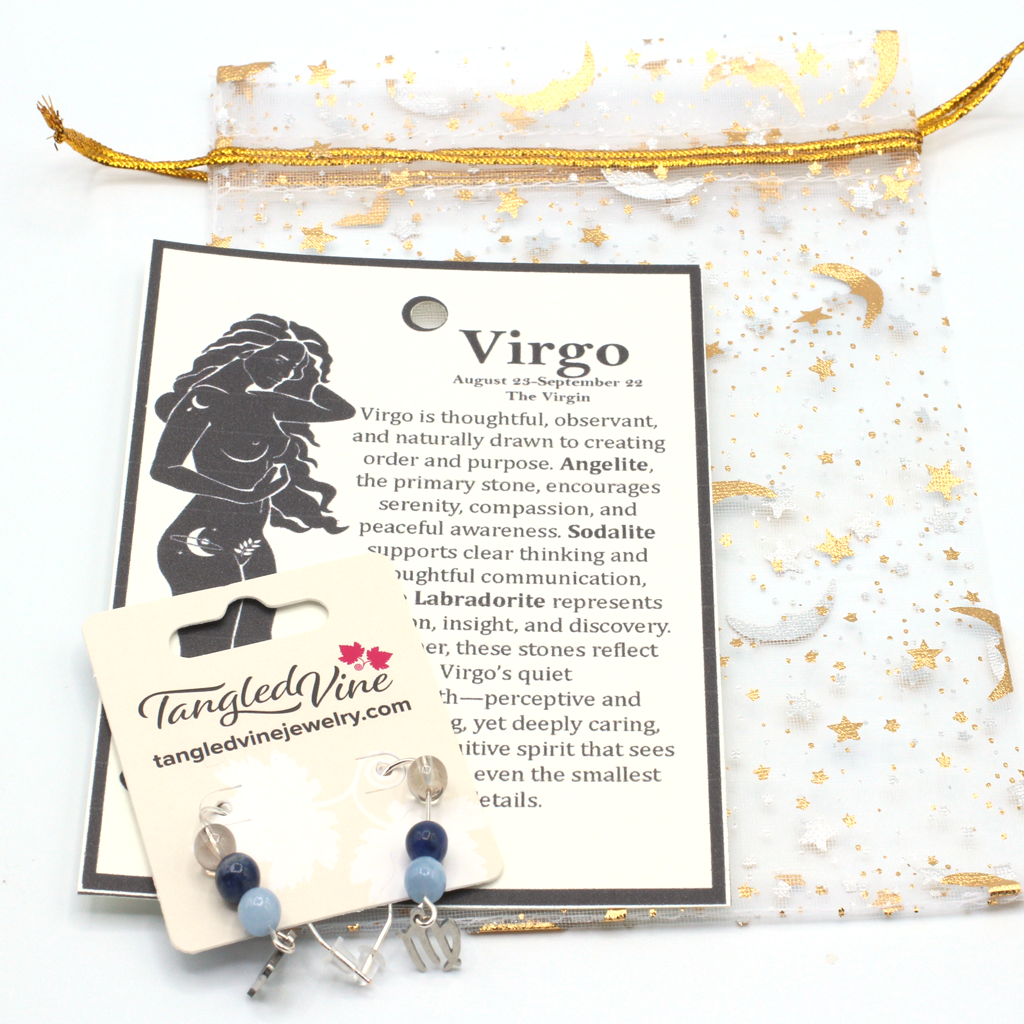 Virgo is thoughtful, observant, and naturally drawn to creating order and purpose. Angelite, the primary stone, encourages serenity, compassion, and peaceful awareness. Sodalite supports clear thinking and thoughtful communication, while Labradorite represents intuition, insight, and discovery.