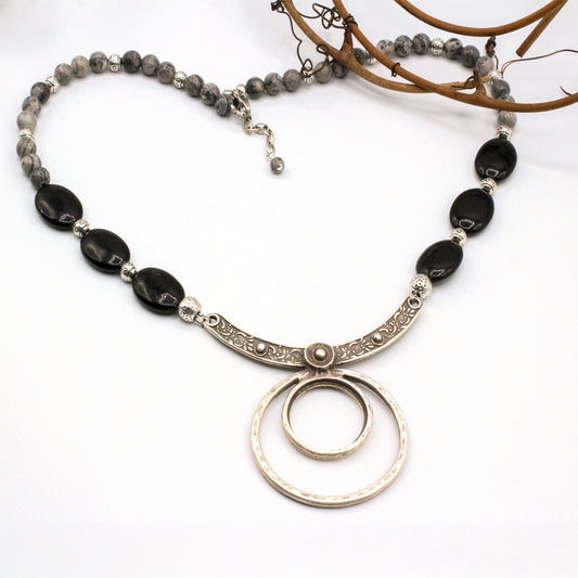 Pewter Focal Center Piece encircled by Onyx and Jasper Gemstones