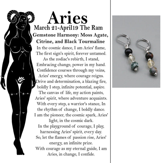 Zodiac card with silhouette, text, and gemstone earrings.