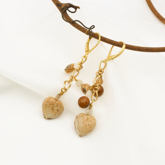 2" dangle earrings with Picture Jasper hearts and Moonstones on satin gold chain; elegant, earthy, and nickel-free design.