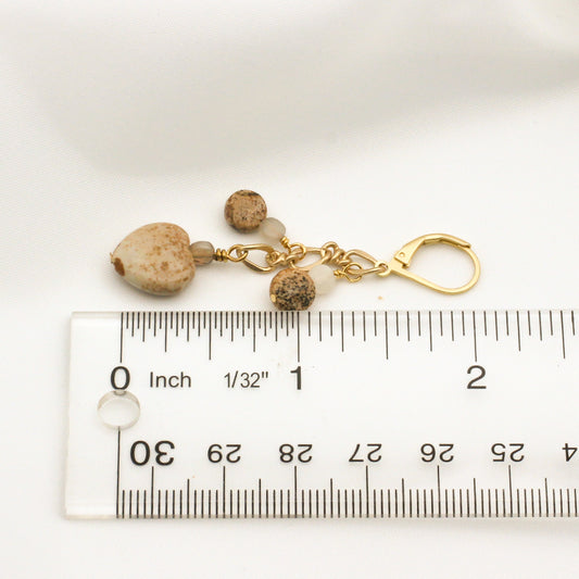 2" dangle earrings with Picture Jasper hearts and Moonstones on satin gold chain; elegant, earthy, and nickel-free design.