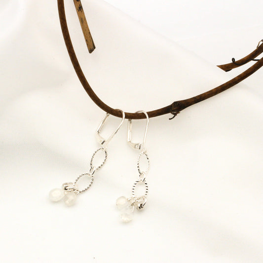 Moonstone cube earrings on silver chain with lever-back ear-wires.