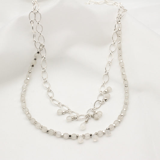 Double strand necklace with moonstone cubes, briolettes, and pewter beads.